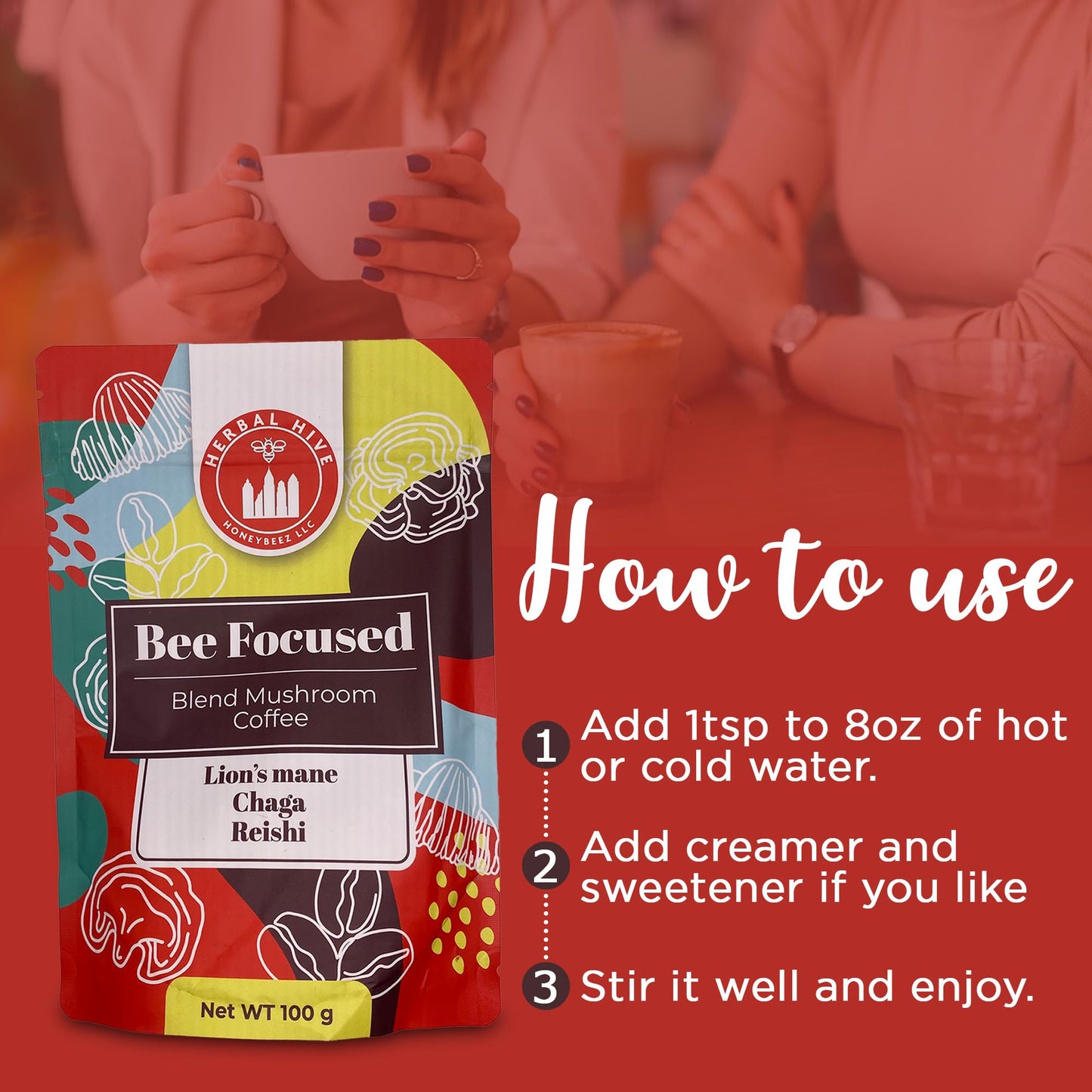 Mushroom Coffee with Adaptogens – Herbal Hive Bee Focused (Reishi, Lion's Mane, Chaga)