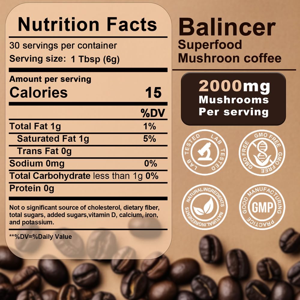 Mushroom Coffee with 6 Adaptogenic Mushrooms – Focus, Energy, Immunity & Gut Health (30 Servings)