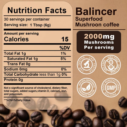 Mushroom Coffee with 6 Adaptogenic Mushrooms – Focus, Energy, Immunity & Gut Health (30 Servings)