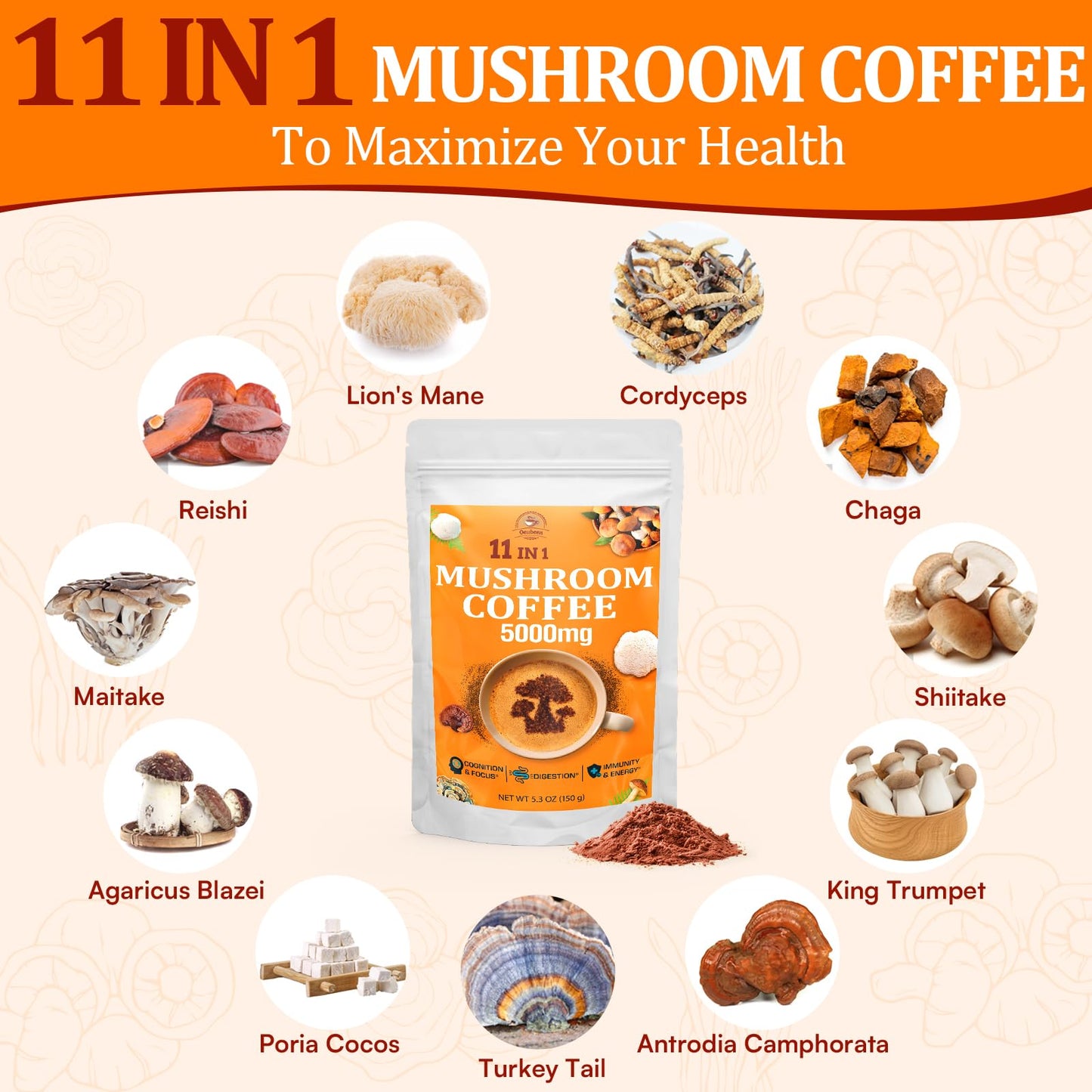 Organic Mushroom Coffee — 11 Superfood Mushrooms (Lion’s Mane, Reishi, Chaga) 5.3oz