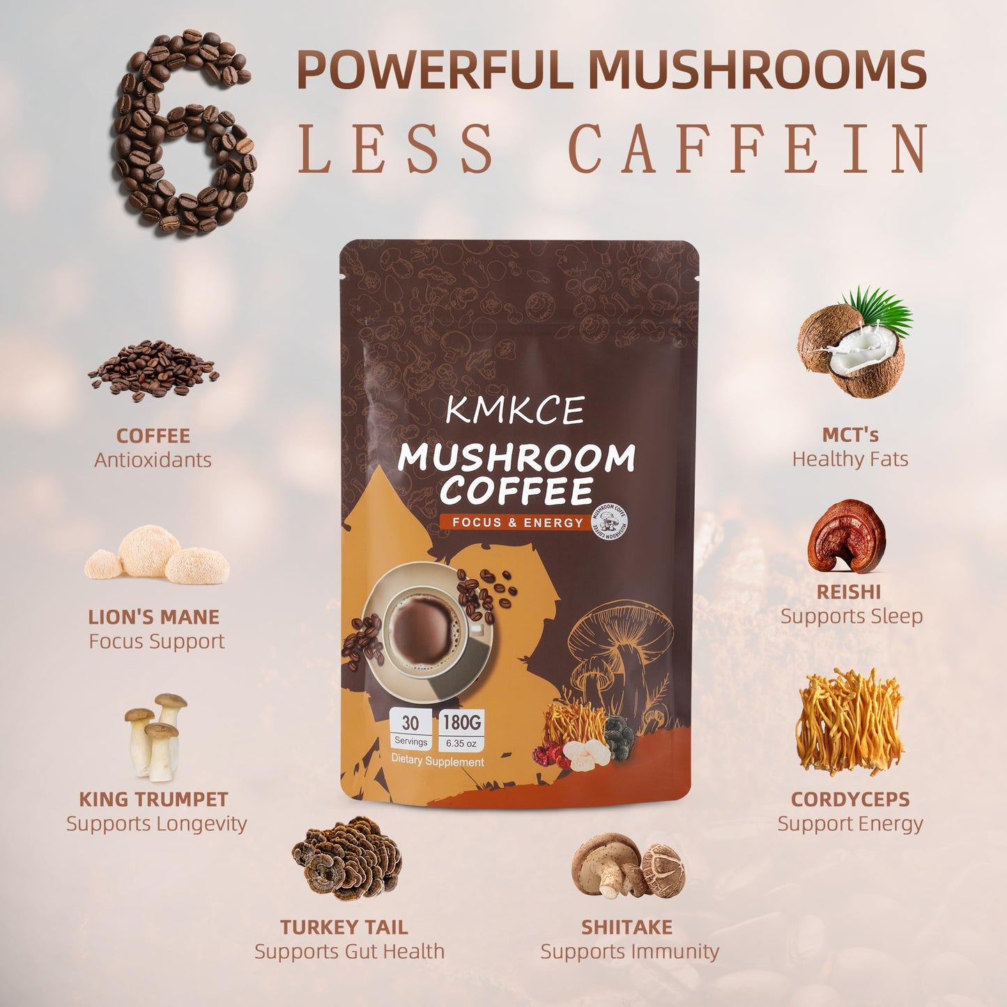 Mushroom Coffee with Lion's Mane & 6 Mushrooms – Energy, Digestion & Immune Support | 30 Servings