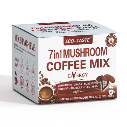 Mushroom Coffee Mix 7 in 1 for Energy — Reishi, Cordyceps, Chaga, Rhodiola, Ginseng, Eleuthero (12 Sachets)