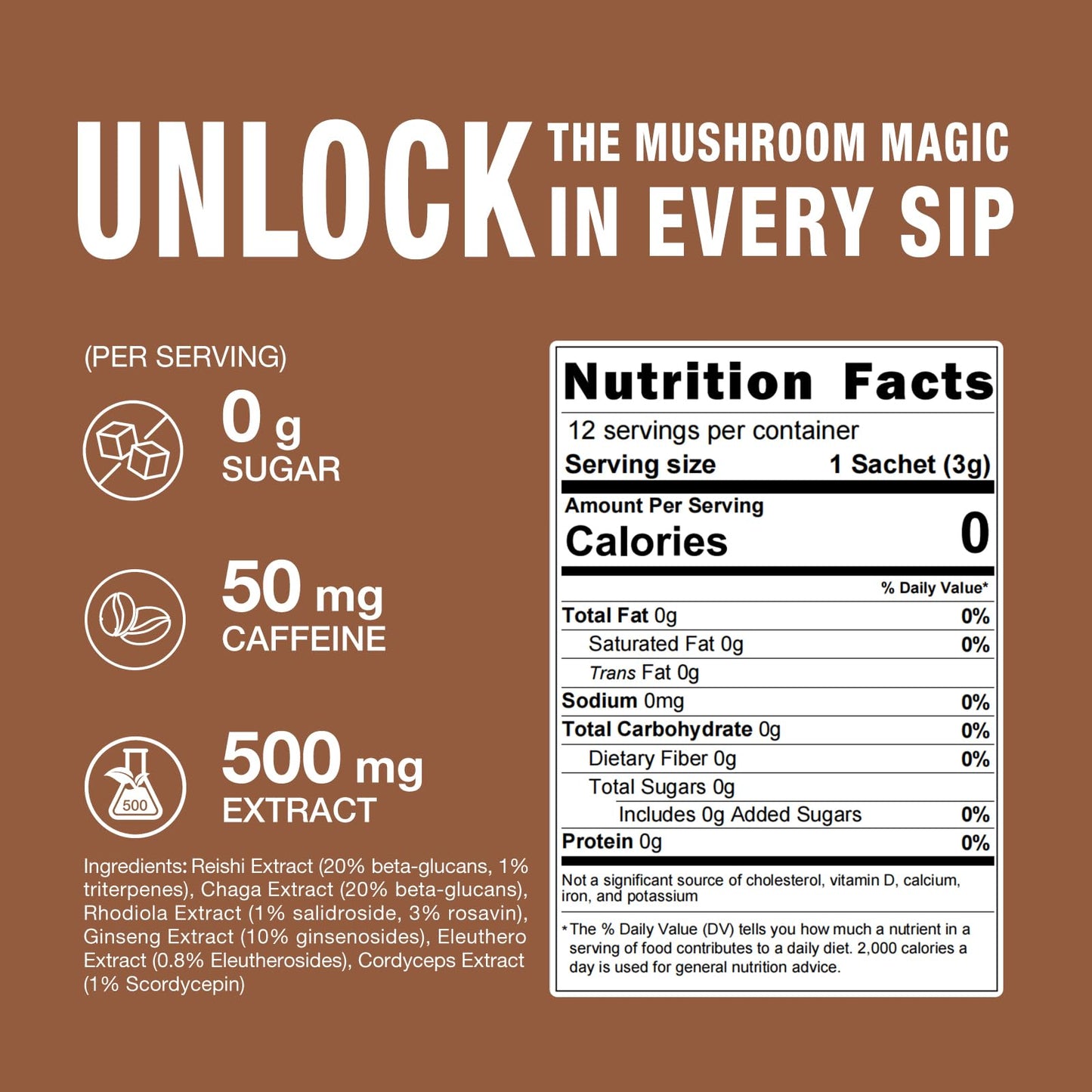 Mushroom Coffee Mix 7 in 1 for Energy — Reishi, Cordyceps, Chaga, Rhodiola, Ginseng, Eleuthero (12 Sachets)