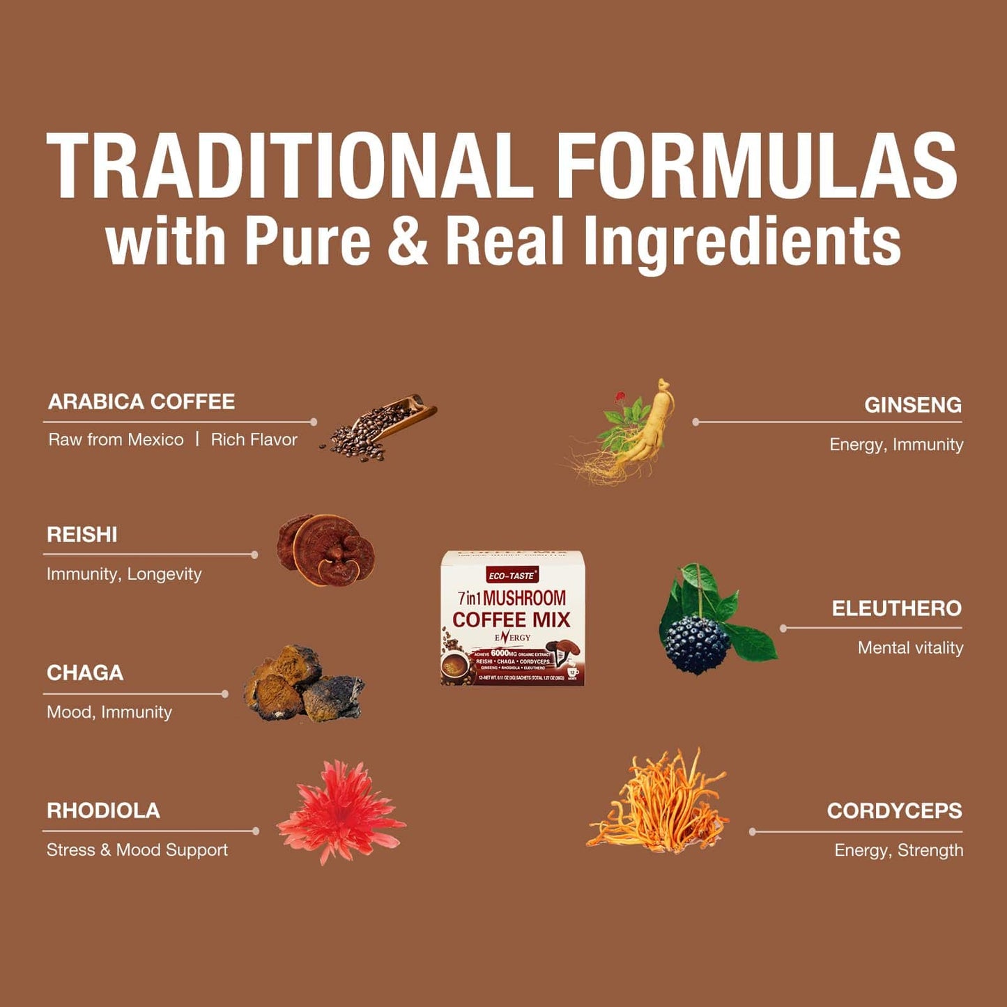 Mushroom Coffee Mix 7 in 1 for Energy — Reishi, Cordyceps, Chaga, Rhodiola, Ginseng, Eleuthero (12 Sachets)