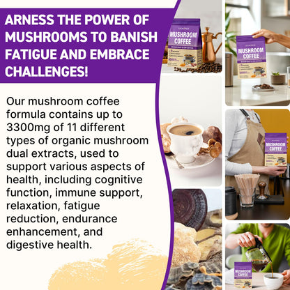 Organic Mushroom Coffee with 11 Mushrooms + 8 Adaptogens - Gluten Free, 30 Servings