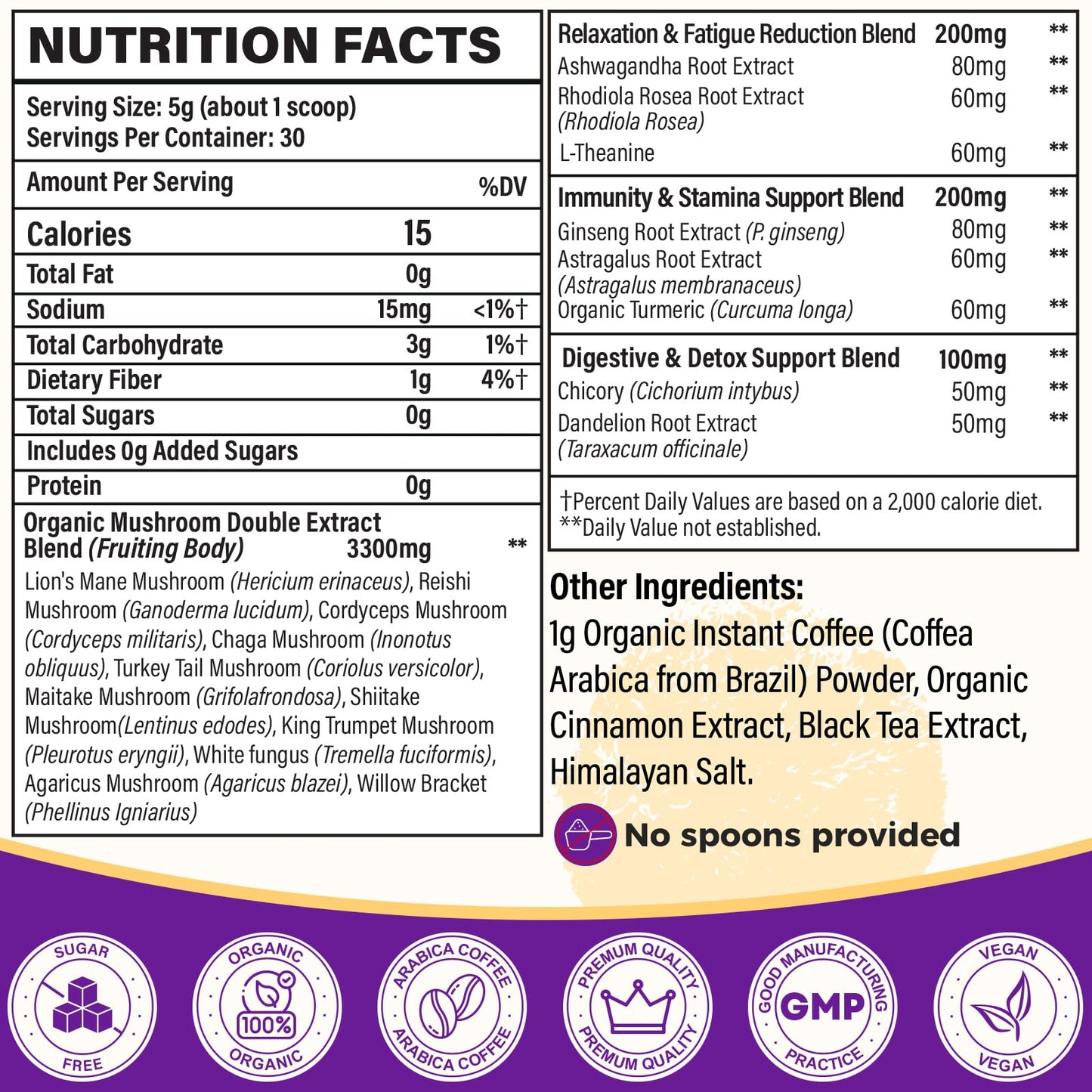 Organic Mushroom Coffee with 11 Mushrooms + 8 Adaptogens - Gluten Free, 30 Servings