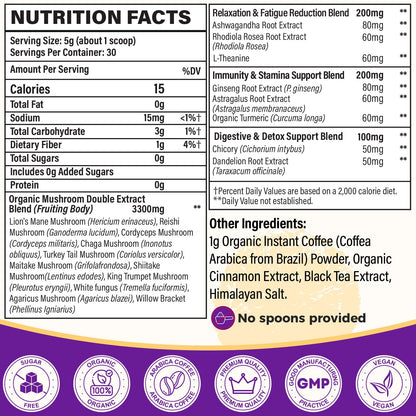 Organic Mushroom Coffee with 11 Mushrooms + 8 Adaptogens - Gluten Free, 30 Servings