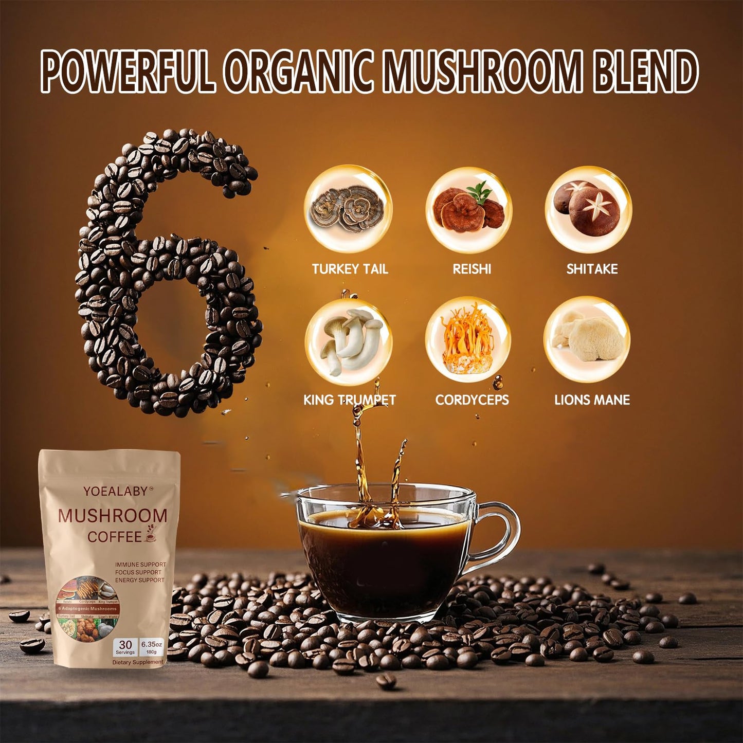 Mushroom Coffee Blend: 6 Adaptogenic Mushrooms + MCT Oil - 180g