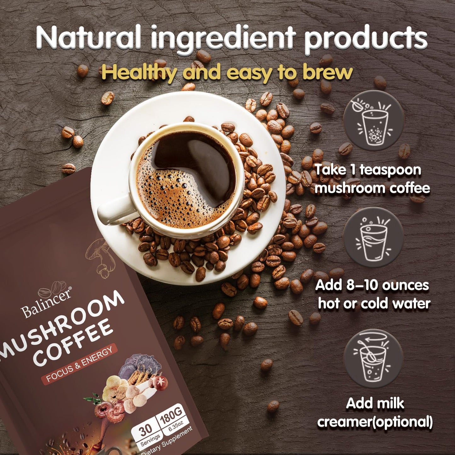 Mushroom Coffee with 6 Adaptogenic Mushrooms – Focus, Energy, Immunity & Gut Health (30 Servings)