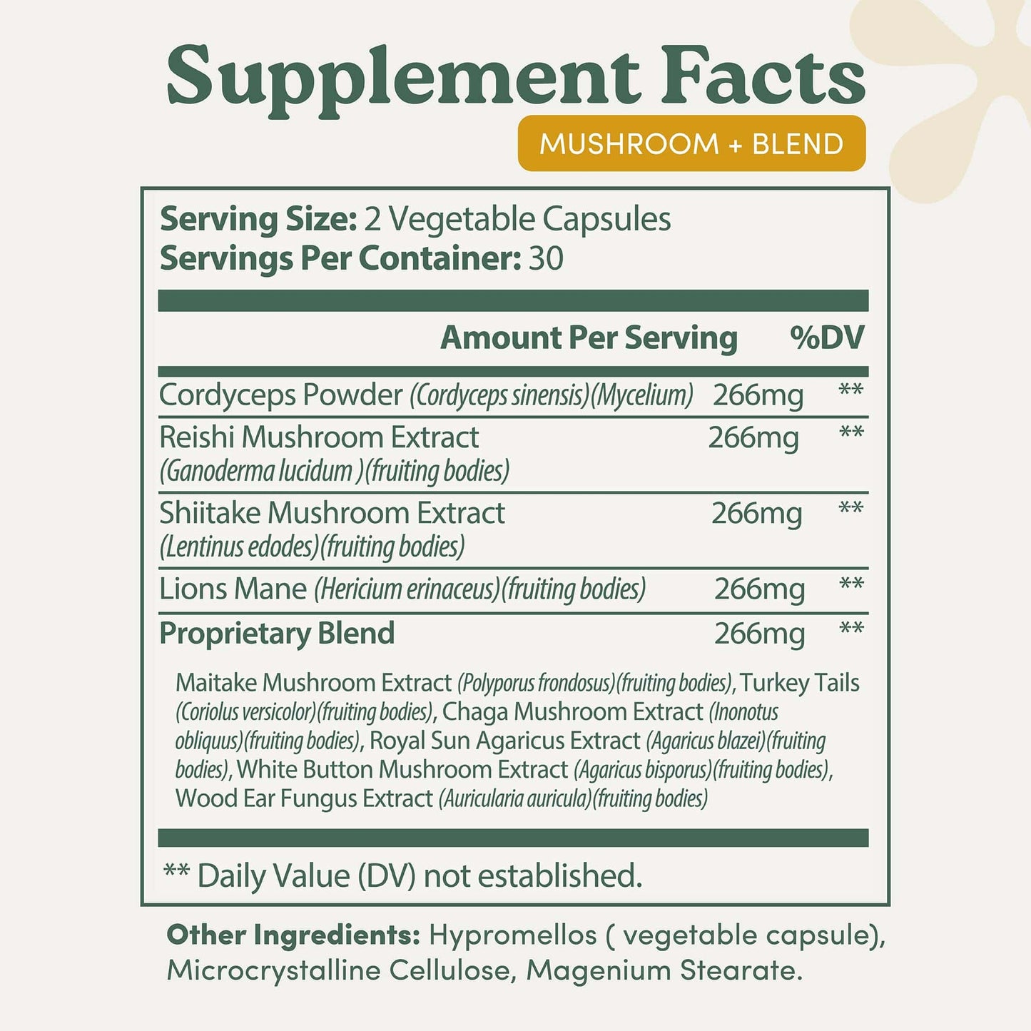 Mushroom Complex – Organic Lions Mane | Reishi | Cordyceps | Turkey Tail | Chaga | Maitake | Shiitake – Brain, Memory & Immune Support – Non-GMO, Gluten-Free - 60 Capsules