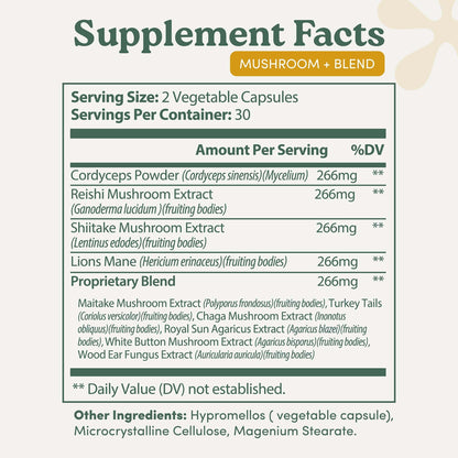 Mushroom Complex – Organic Lions Mane | Reishi | Cordyceps | Turkey Tail | Chaga | Maitake | Shiitake – Brain, Memory & Immune Support – Non-GMO, Gluten-Free - 60 Capsules