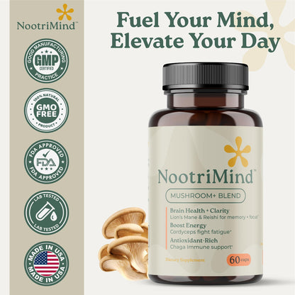 Mushroom Complex – Organic Lions Mane | Reishi | Cordyceps | Turkey Tail | Chaga | Maitake | Shiitake – Brain, Memory & Immune Support – Non-GMO, Gluten-Free - 60 Capsules