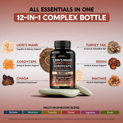 Mushroom Complex Supplement – Organic 12-Mushroom Blend, USA Made