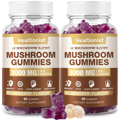 2 Packs Mushroom Complex Gummies 10-Blend – Lion's Mane & Cordyceps for Brain & Immune Support