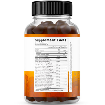 Mushroom Gummies 10-in-1 Blend – 60 Gummies for Focus & Brain | Vegan, USA Made