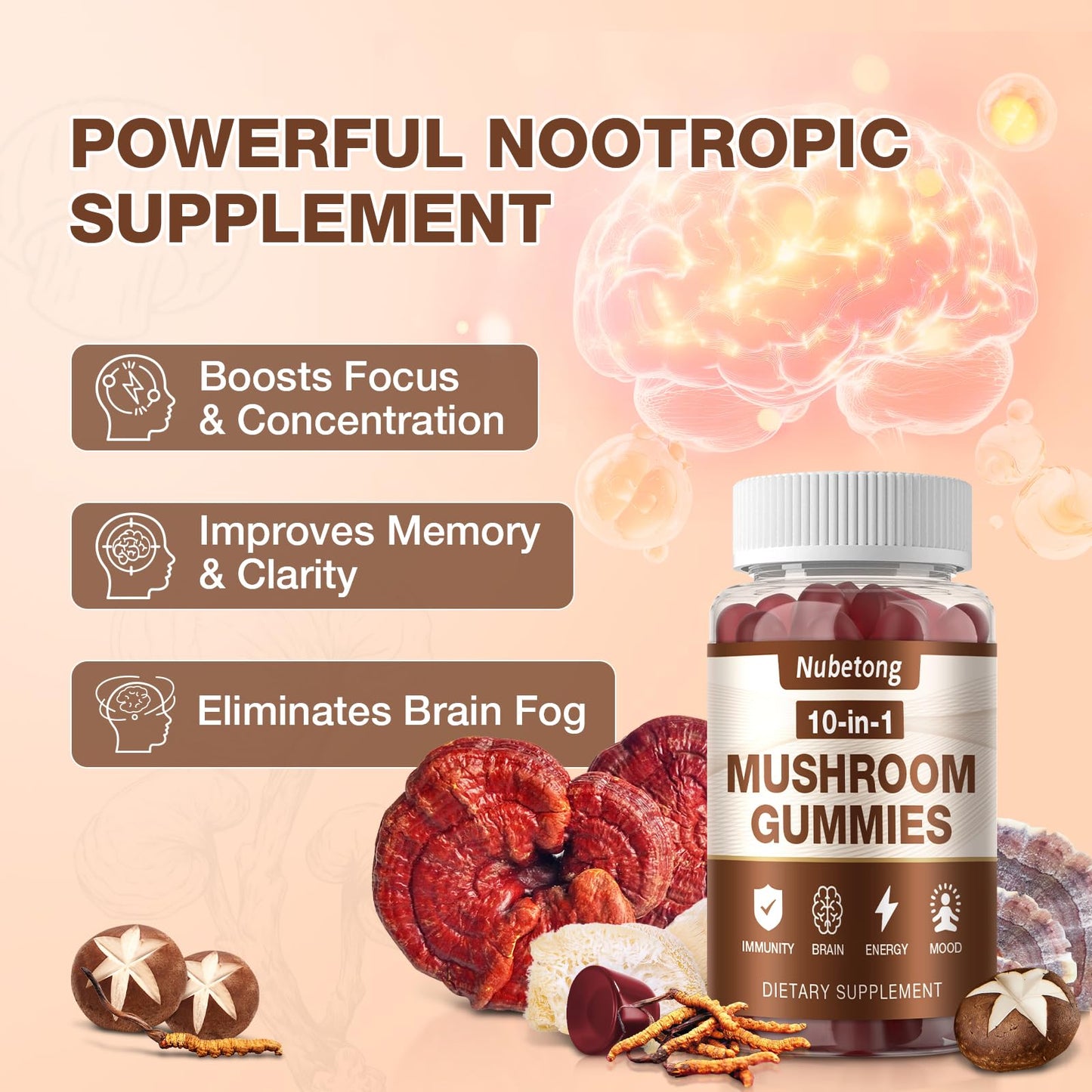 Mushroom Gummies - 10-Mushroom Complex for Adults (2 Pack) | Brain & Immunity Support