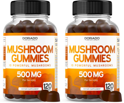 Mushroom Gummies 2500mg - 10-in-1 Focus & Brain Supplement | 120 Gummies (Pack of 2) | Vegan, USA Made