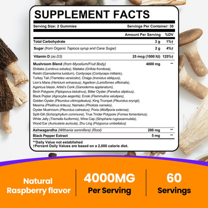 Mushroom Gummies for Adults 4000mg – 26-in-1 Brain Support with Ashwagandha & Lion's Mane