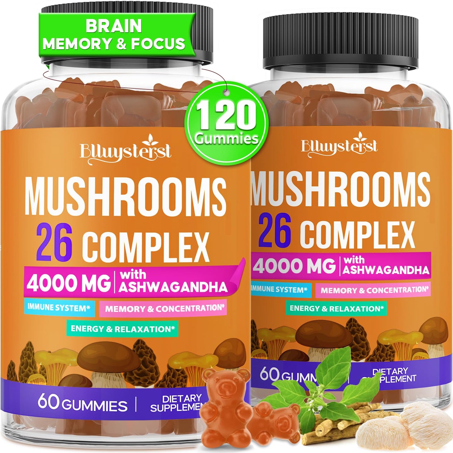 Mushroom Gummies for Adults 4000mg – 26-in-1 Brain Support with Ashwagandha & Lion's Mane