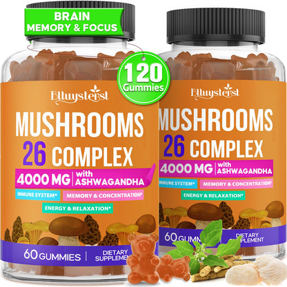 Mushroom Gummies for Adults 4000mg – 26-in-1 Brain Support with Ashwagandha & Lion's Mane