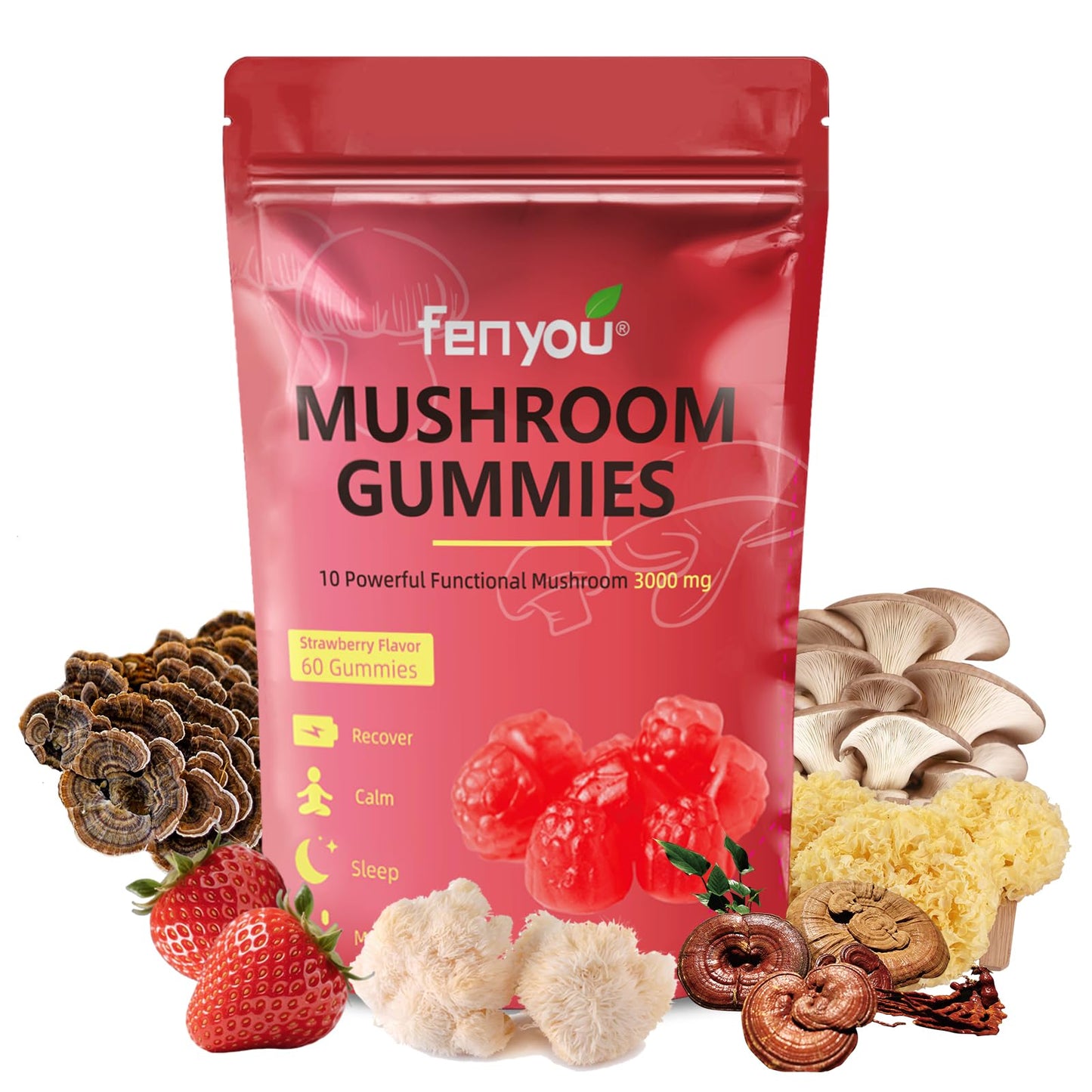 Mushroom Gummies – Lions Mane, Reishi, Chaga & Maitake for Immune Support and Focus (Vegan Strawberry) 60 Count