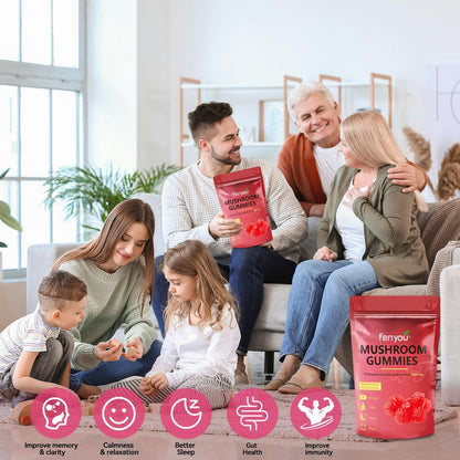 Mushroom Gummies – Lions Mane, Reishi, Chaga & Maitake for Immune Support and Focus (Vegan Strawberry) 60 Count