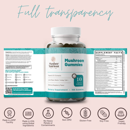 Mushroom Gummies – 50 Day Supply (100 ct) | Chaga Reishi Cordyceps Lion’s Mane