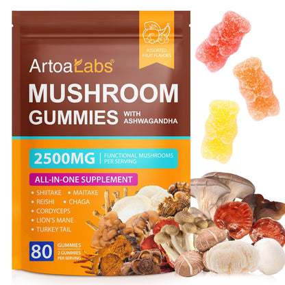Mushroom Gummies for Adults - Lion's Mane, Reishi & Cordyceps - Vegan, 80 Servings