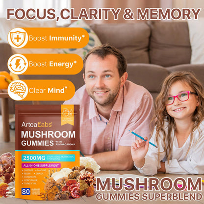 Mushroom Gummies for Adults - Lion's Mane, Reishi & Cordyceps - Vegan, 80 Servings