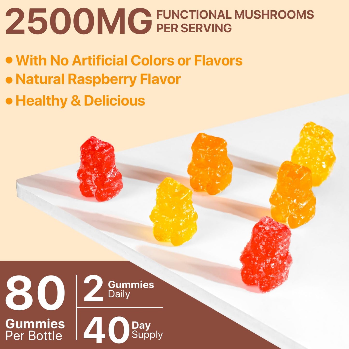 Mushroom Gummies for Adults - Lion's Mane, Reishi & Cordyceps - Vegan, 80 Servings