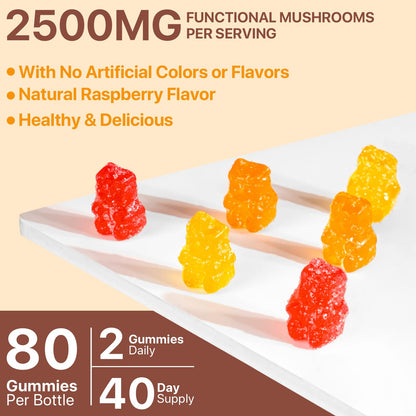 Mushroom Gummies for Adults - Lion's Mane, Reishi & Cordyceps - Vegan, 80 Servings