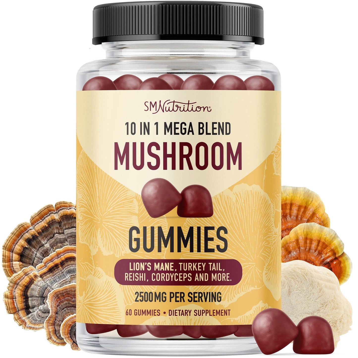 Mushroom Gummies for Adults | Nootropic Mushroom Supplement with Lions Mane, Turkey Tail, Reishi, Cordyceps, Chaga & Maitake | Raspberry Flavor | 60ct