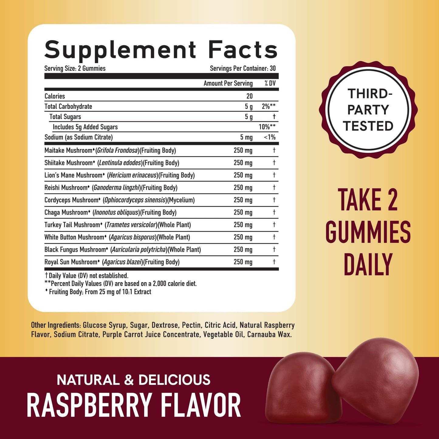Mushroom Gummies for Adults | Nootropic Mushroom Supplement with Lions Mane, Turkey Tail, Reishi, Cordyceps, Chaga & Maitake | Raspberry Flavor | 60ct
