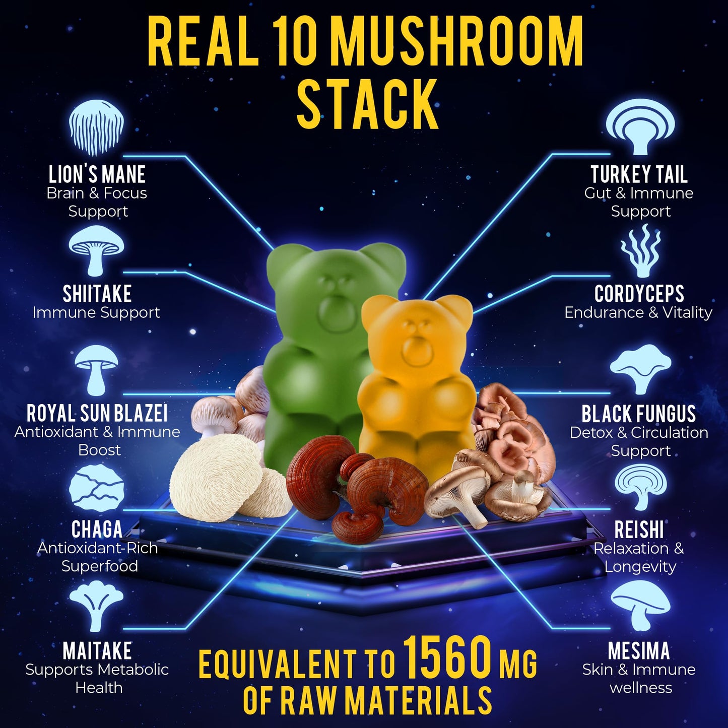 Next-Gen Mushroom Gummies with Ashwagandha & L-Theanine | 10-Mushroom Nootropic + Shilajit