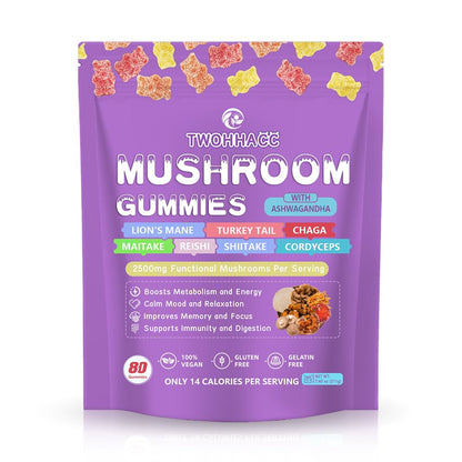 Mushroom Gummies with Ashwagandha & Lion's Mane – Nootropic Brain Support, Immune & Stress Relief