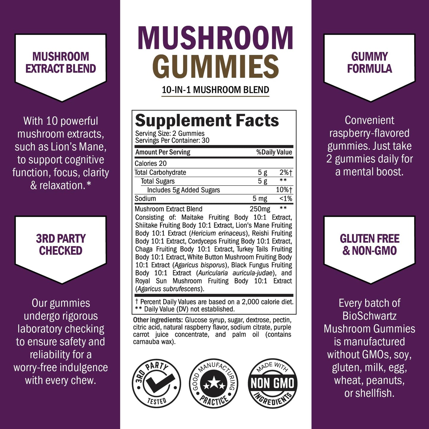 Mushroom Gummies for Adults – 10-in-1 Mood & Focus (60 Count) – Lions Mane & Turkey Tail