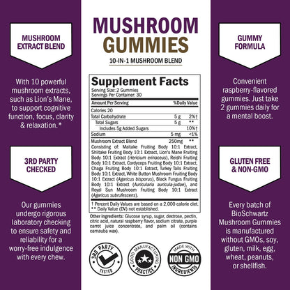 Mushroom Gummies for Adults – 10-in-1 Mood & Focus (60 Count) – Lions Mane & Turkey Tail