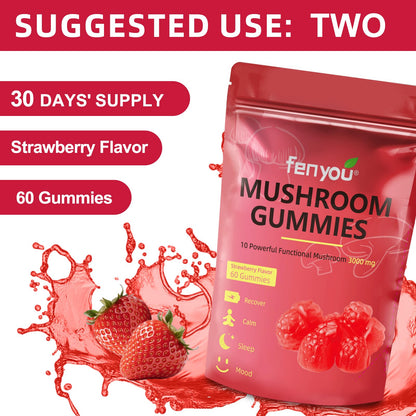 Mushroom Gummies – Lions Mane, Reishi, Chaga & Maitake for Immune Support and Focus (Vegan Strawberry) 60 Count