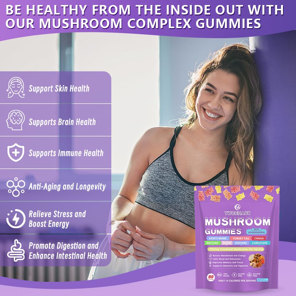 Mushroom Gummies with Ashwagandha & Lion's Mane – Nootropic Brain Support, Immune & Stress Relief