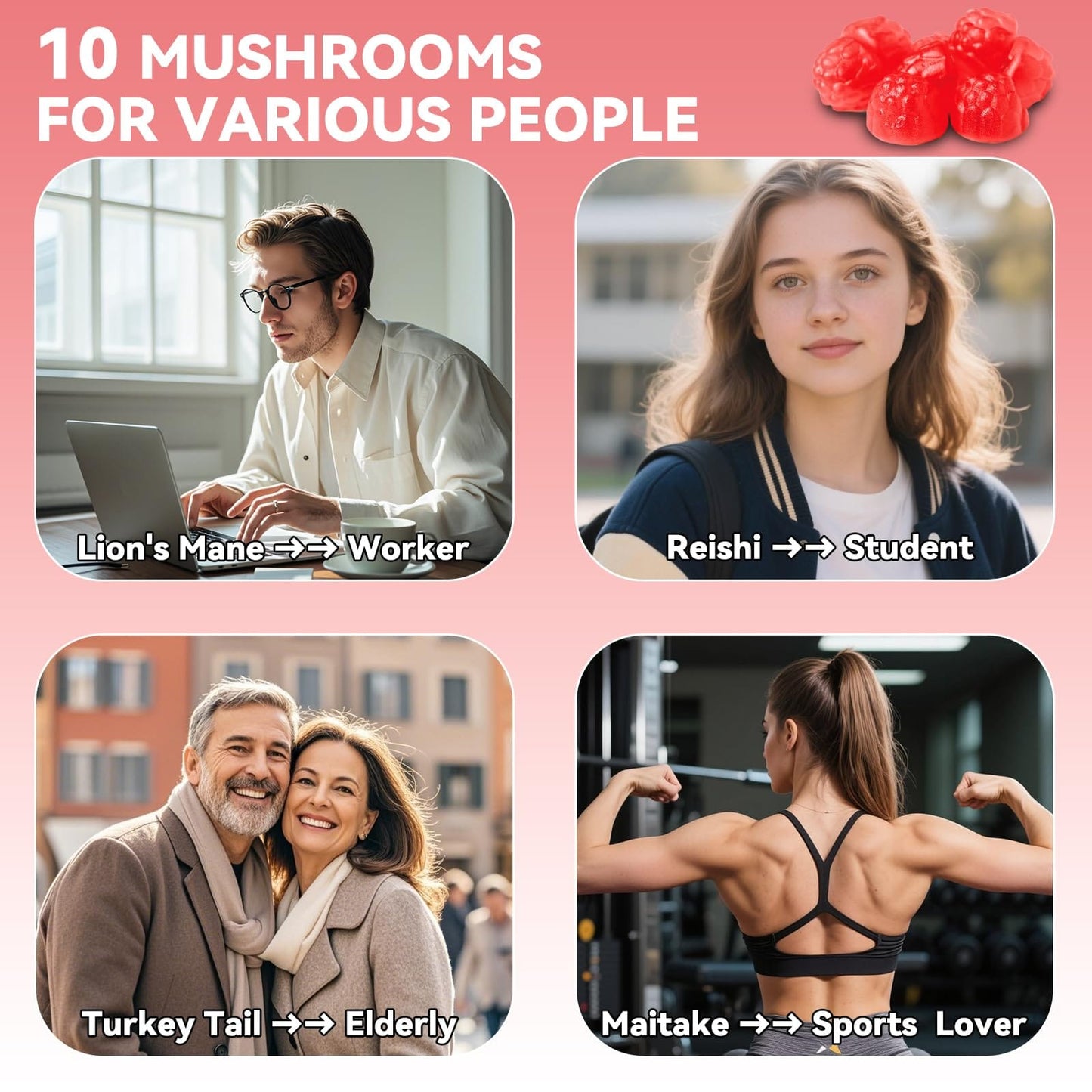 Mushroom Gummies – Lions Mane, Reishi, Chaga & Maitake for Immune Support and Focus (Vegan Strawberry) 60 Count