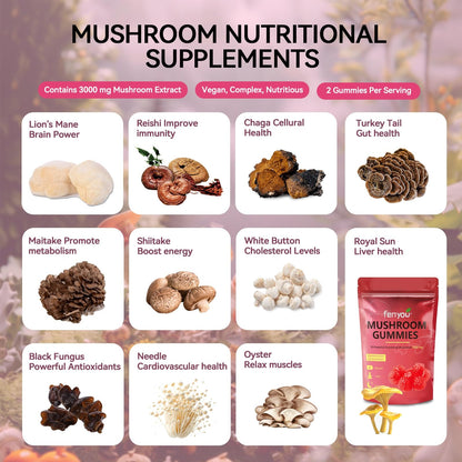 Mushroom Gummies – Lions Mane, Reishi, Chaga & Maitake for Immune Support and Focus (Vegan Strawberry) 60 Count