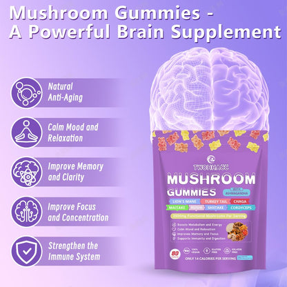 Mushroom Gummies with Ashwagandha & Lion's Mane – Nootropic Brain Support, Immune & Stress Relief
