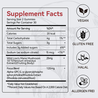 Mushroom Gummies with Lion's Mane – Focus & Memory Nootropics, Vegan, 60 Count