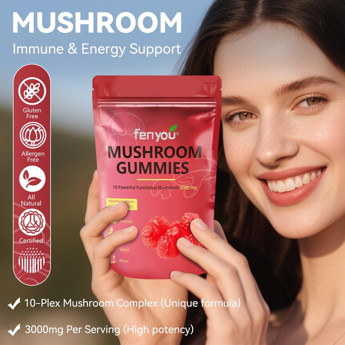 Mushroom Gummies – Lions Mane, Reishi, Chaga & Maitake for Immune Support and Focus (Vegan Strawberry) 60 Count