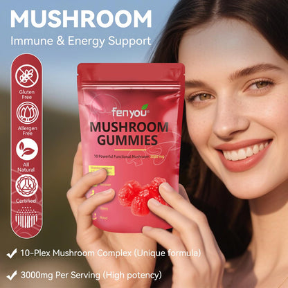 Mushroom Gummies – Lions Mane, Reishi, Chaga & Maitake for Immune Support and Focus (Vegan Strawberry) 60 Count