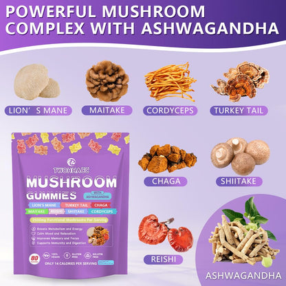 Mushroom Gummies with Ashwagandha & Lion's Mane – Nootropic Brain Support, Immune & Stress Relief