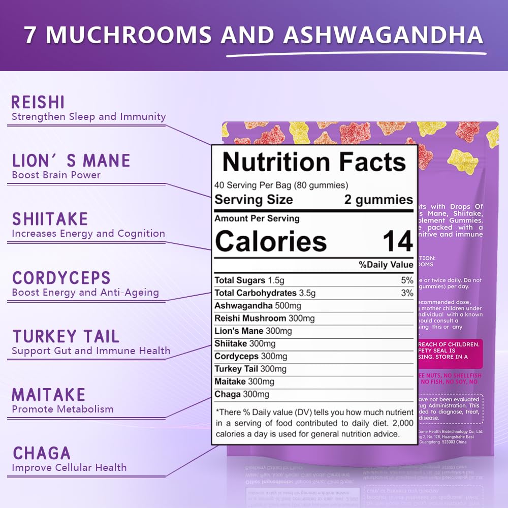 Mushroom Gummies with Ashwagandha & Lion's Mane – Nootropic Brain Support, Immune & Stress Relief