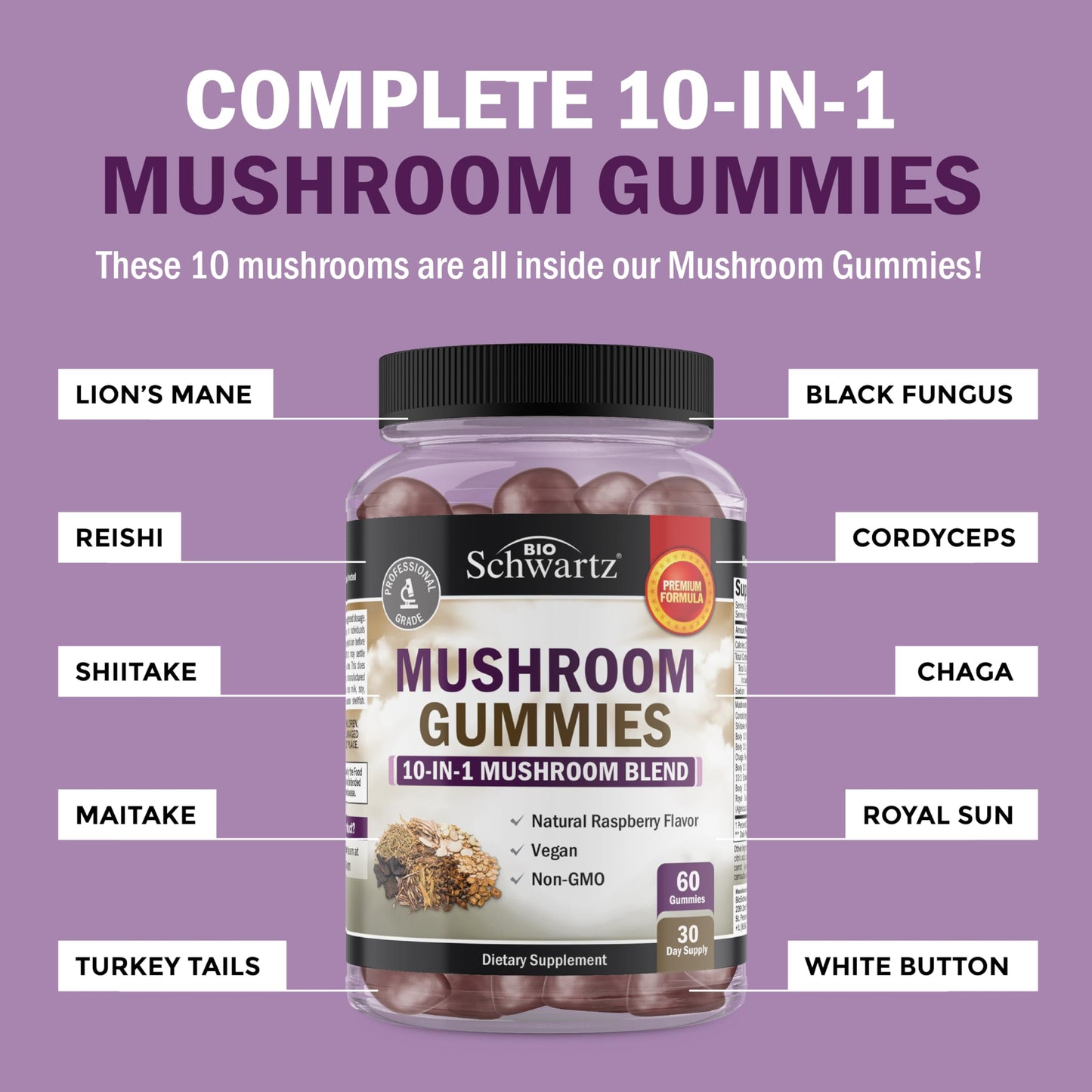 Mushroom Gummies for Adults – 10-in-1 Mood & Focus (60 Count) – Lions Mane & Turkey Tail