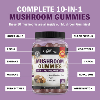 Mushroom Gummies for Adults – 10-in-1 Mood & Focus (60 Count) – Lions Mane & Turkey Tail
