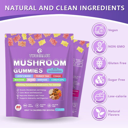 Mushroom Gummies with Ashwagandha & Lion's Mane – Nootropic Brain Support, Immune & Stress Relief